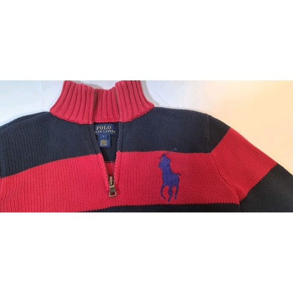 Polo Ralph Lauren Kids Navy Red Striped Quarter Zip Sweater Pony Logo Size 7 - Picture 8 of 9
